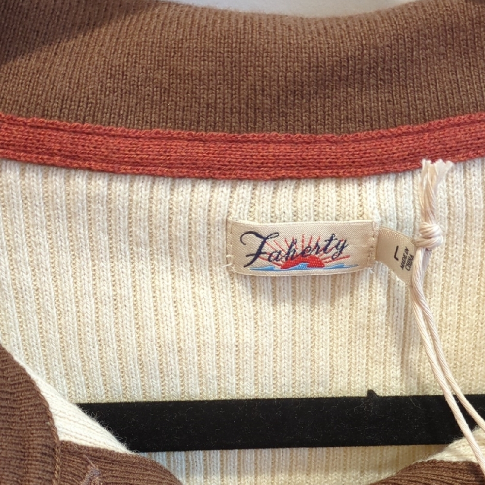 Faherty Cotton Cashmere Henley Polo Sweater Cream Brown Stripes Large NWT Preppy - Picture 3 of 9